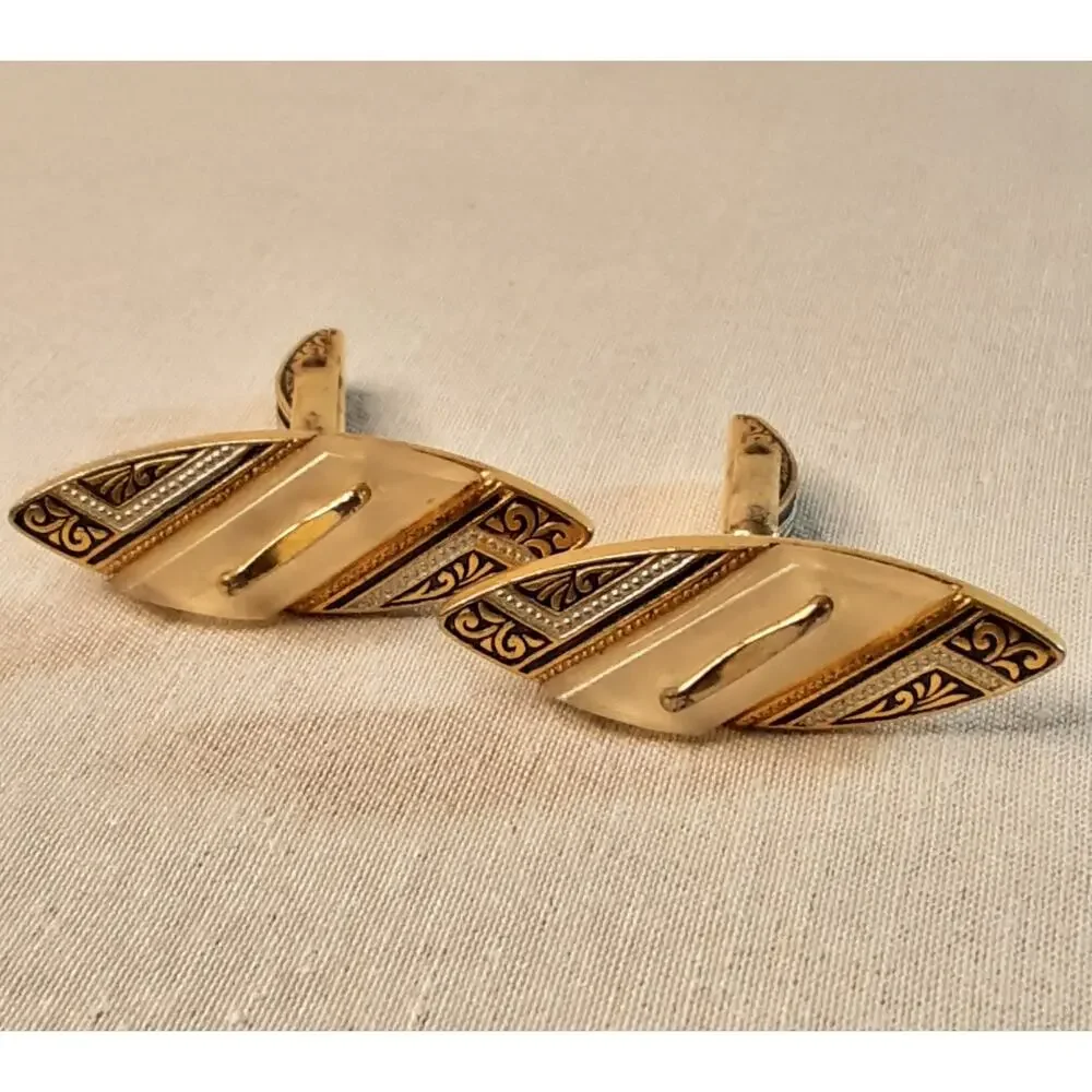 💎Ornate Cuff Links Damascene Design Smokey White Lucite Accent Decorated Posts